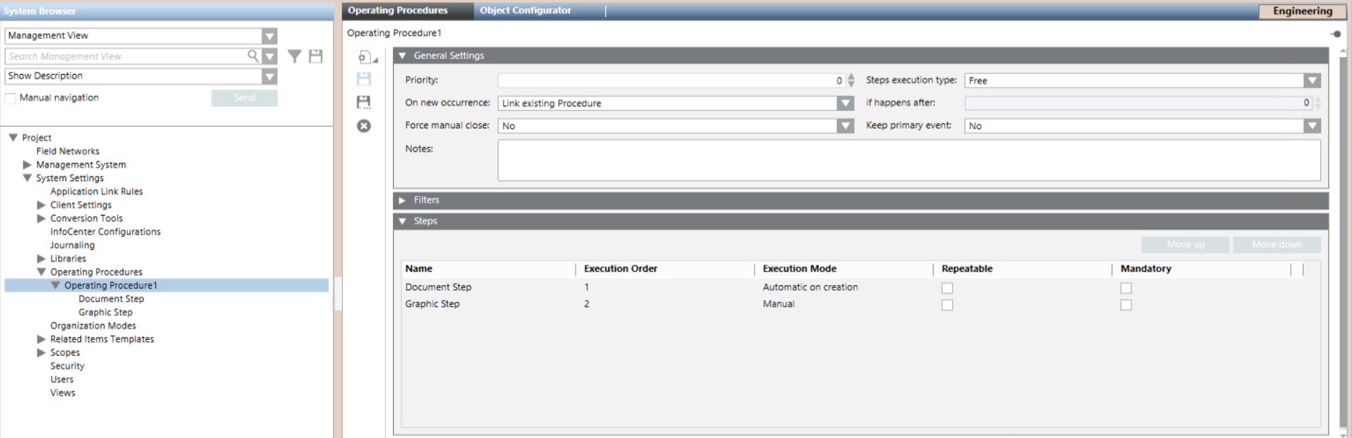 General Settings, Filters and Steps of an Operating Procedure