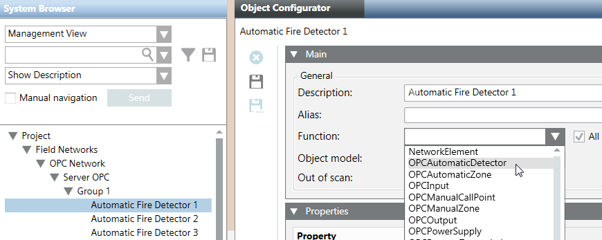 Selection of a Function to Link to a Data Point of the OPC Network