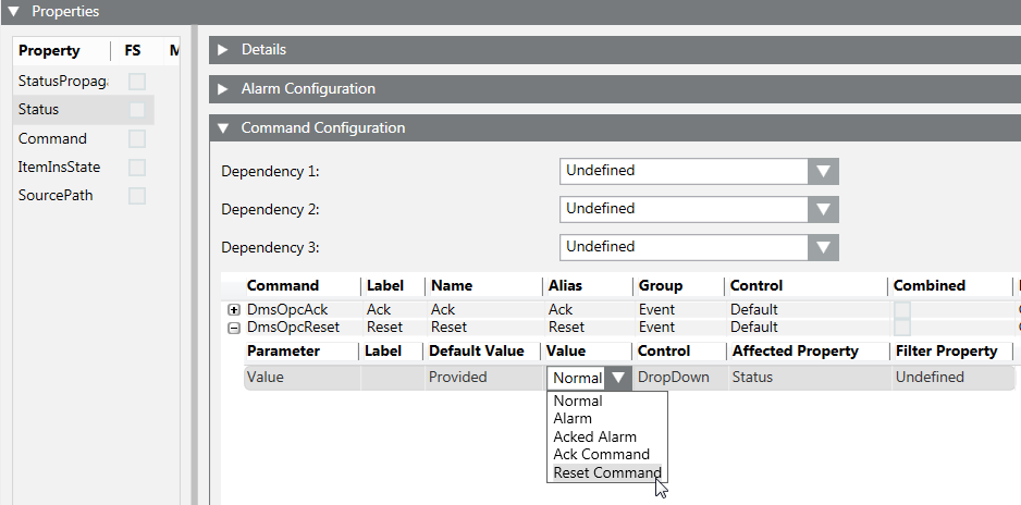 Status Property: Configuration of Ack and Reset Commands (Only the Reset Command Row Is Expanded)