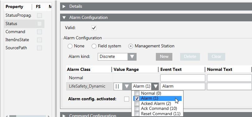 Selection of Alarm Class and Associated Value